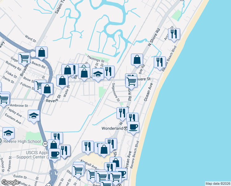 map of restaurants, bars, coffee shops, grocery stores, and more near 63 Sagamore Street in Revere