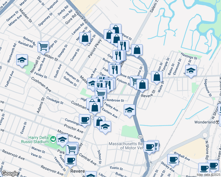 map of restaurants, bars, coffee shops, grocery stores, and more near 4 Carleton Street in Revere