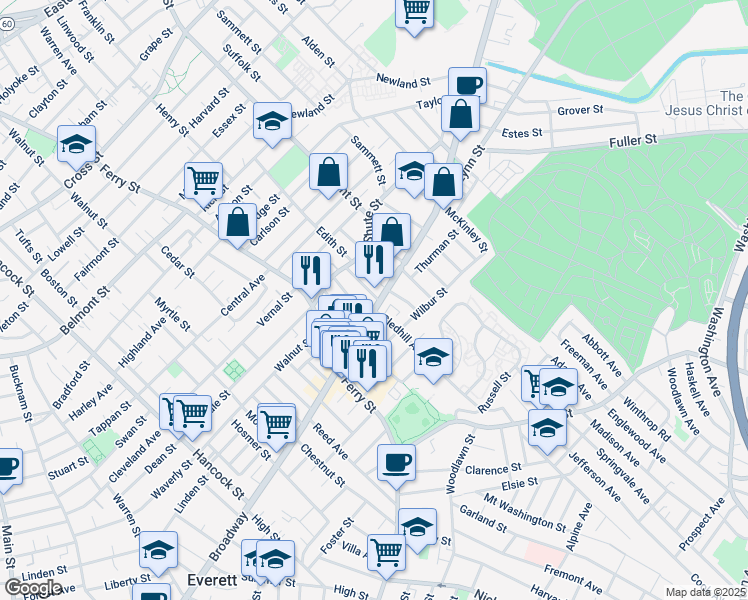 map of restaurants, bars, coffee shops, grocery stores, and more near 801 Broadway in Everett