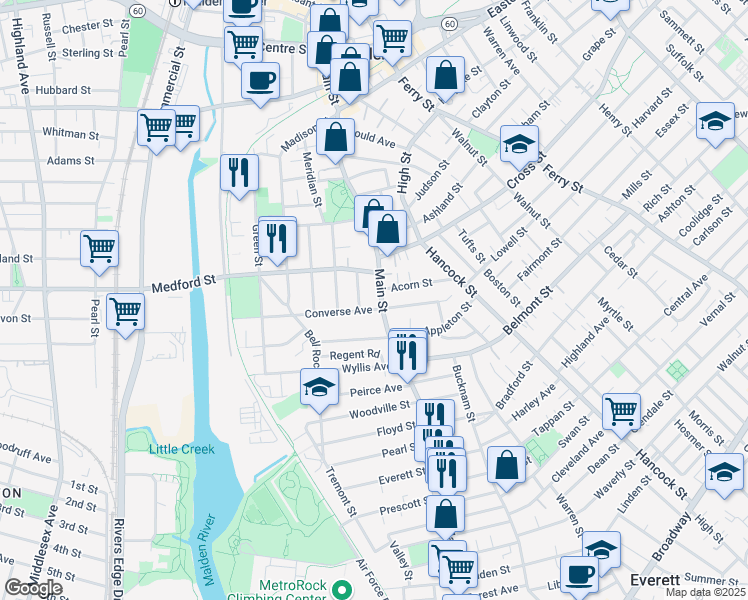 map of restaurants, bars, coffee shops, grocery stores, and more near 2 Converse Avenue in Malden