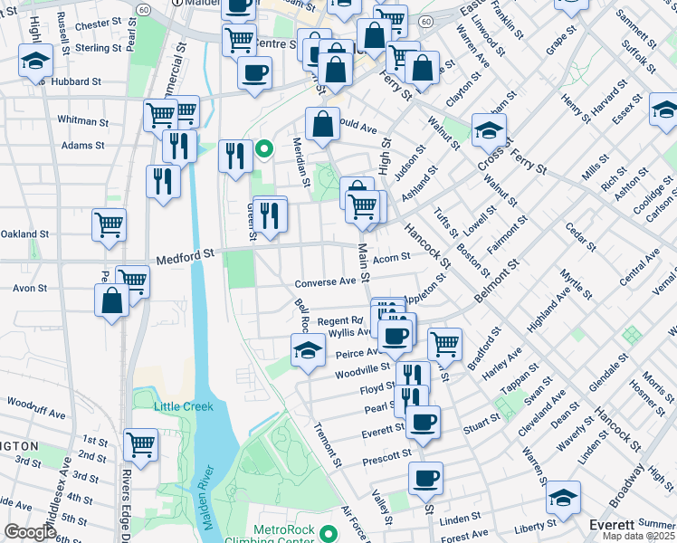 map of restaurants, bars, coffee shops, grocery stores, and more near 33 Converse Avenue in Malden