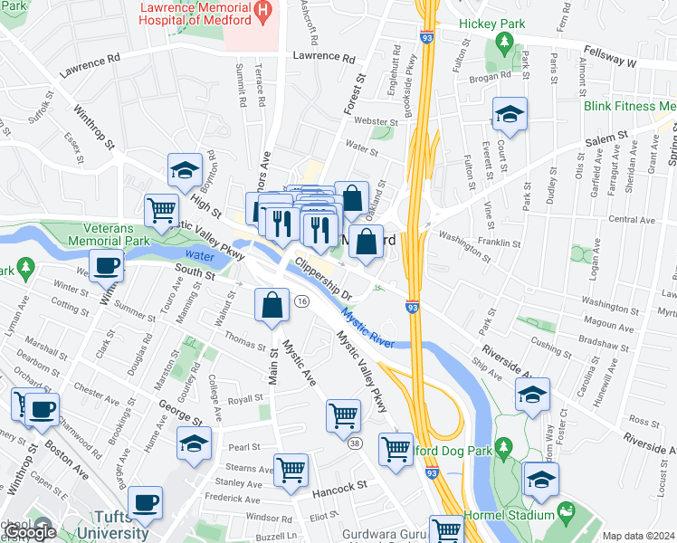 map of restaurants, bars, coffee shops, grocery stores, and more near 75 Riverside Avenue in Medford