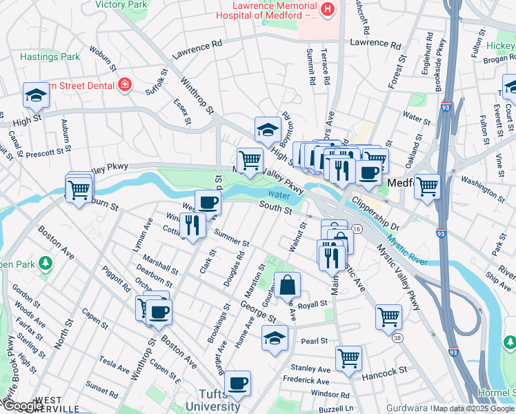 map of restaurants, bars, coffee shops, grocery stores, and more near 8 Touro Avenue in Medford