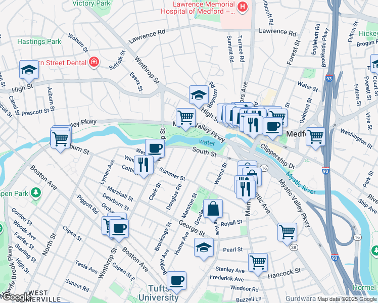 map of restaurants, bars, coffee shops, grocery stores, and more near 8 Touro Avenue in Medford