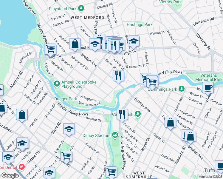 map of restaurants, bars, coffee shops, grocery stores, and more near 210 Arlington Street in Medford