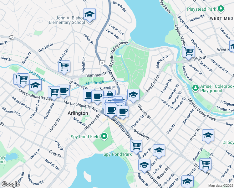 map of restaurants, bars, coffee shops, grocery stores, and more near 55 Massachusetts 60 in Arlington