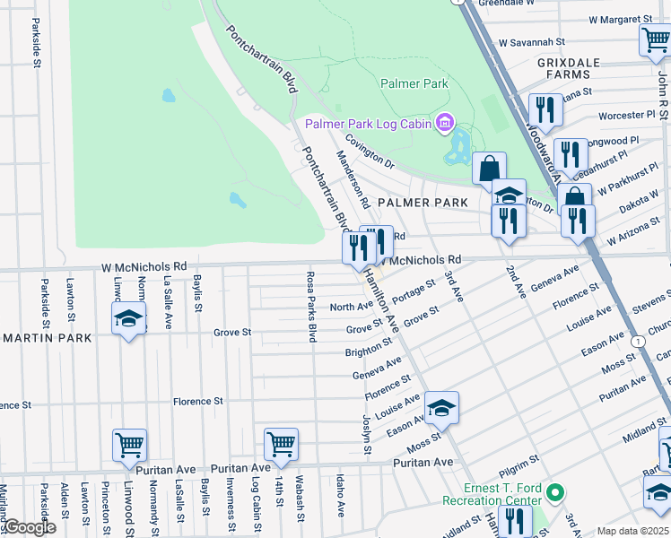 map of restaurants, bars, coffee shops, grocery stores, and more near 124 Hill Avenue in Highland Park