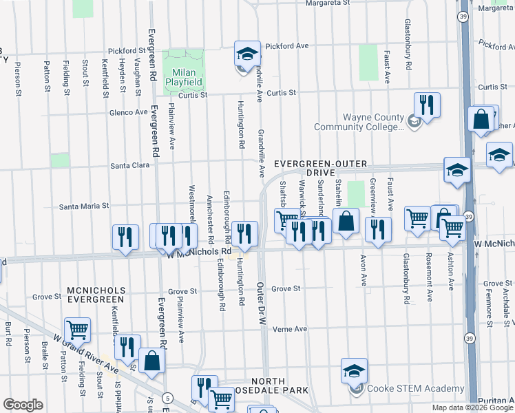 map of restaurants, bars, coffee shops, grocery stores, and more near 8842 Outer Drive West in Detroit