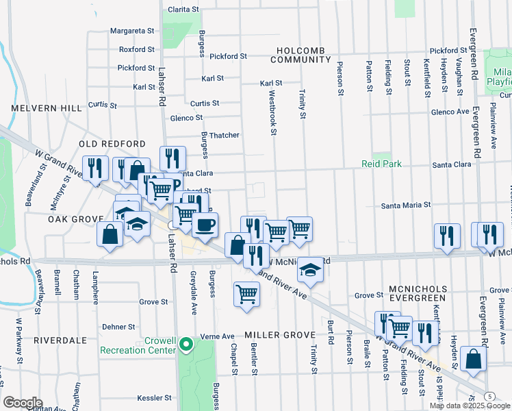 map of restaurants, bars, coffee shops, grocery stores, and more near 17251 Bentler Street in Detroit