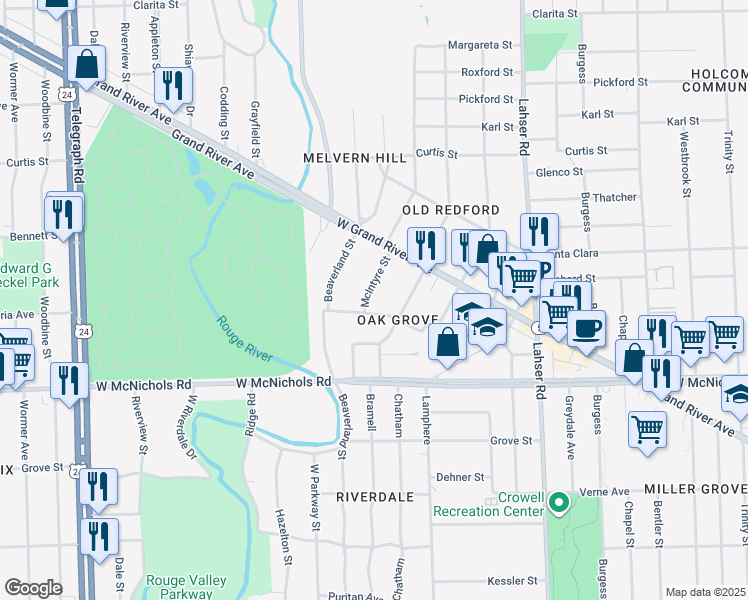 map of restaurants, bars, coffee shops, grocery stores, and more near 17307 McIntyre Street in Detroit