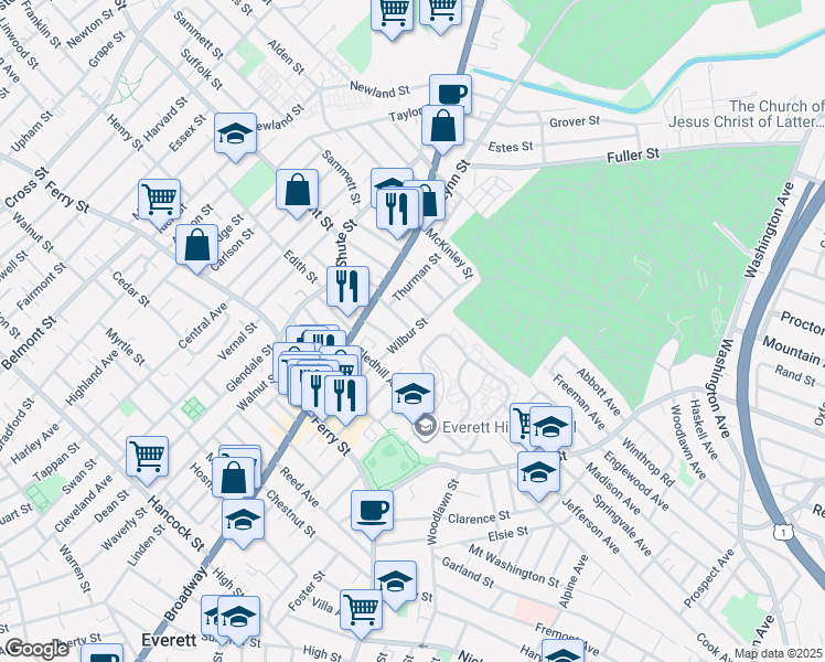 map of restaurants, bars, coffee shops, grocery stores, and more near Wilbur Street in Everett