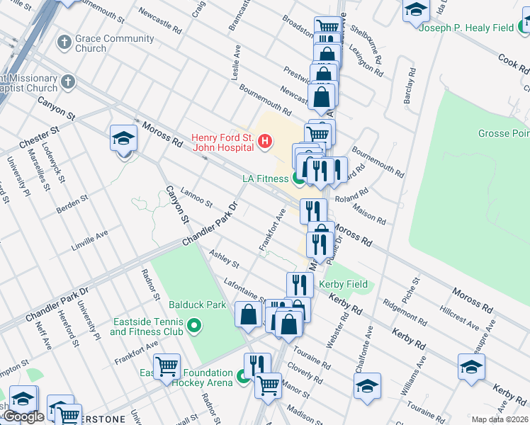 map of restaurants, bars, coffee shops, grocery stores, and more near 5229 Hillcrest Street in Grosse Pointe