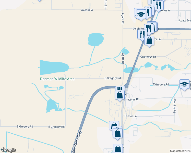 map of restaurants, bars, coffee shops, grocery stores, and more near 1729 East Gregory Road in Central Point