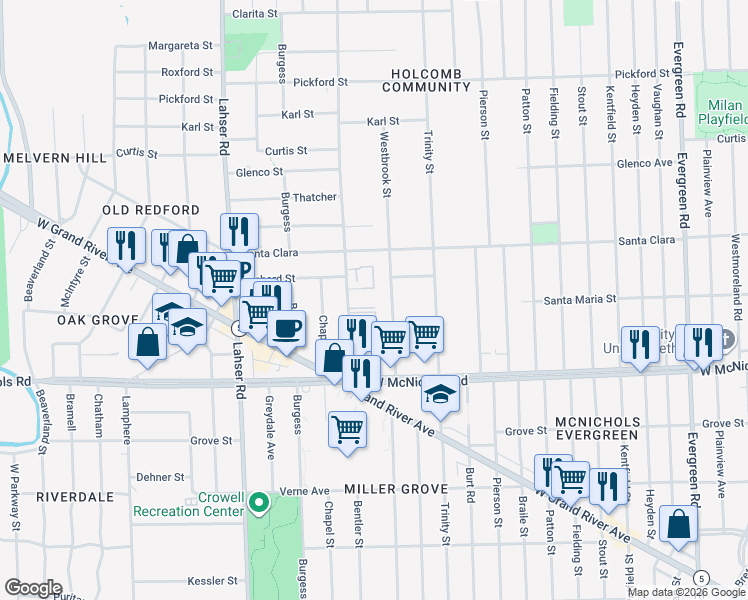map of restaurants, bars, coffee shops, grocery stores, and more near 17282 Bentler Street in Detroit