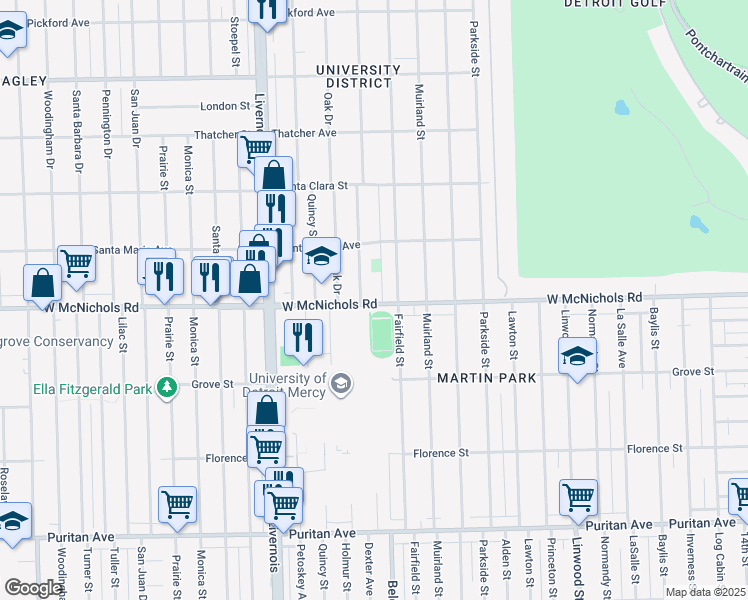 map of restaurants, bars, coffee shops, grocery stores, and more near 3716 West McNichols Road in Detroit