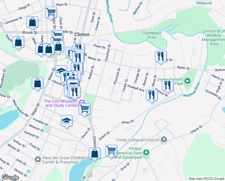 map of restaurants, bars, coffee shops, grocery stores, and more near 40 Prescott Street in Clinton