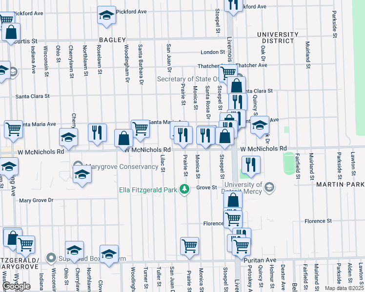 map of restaurants, bars, coffee shops, grocery stores, and more near 7355 West McNichols Road in Detroit