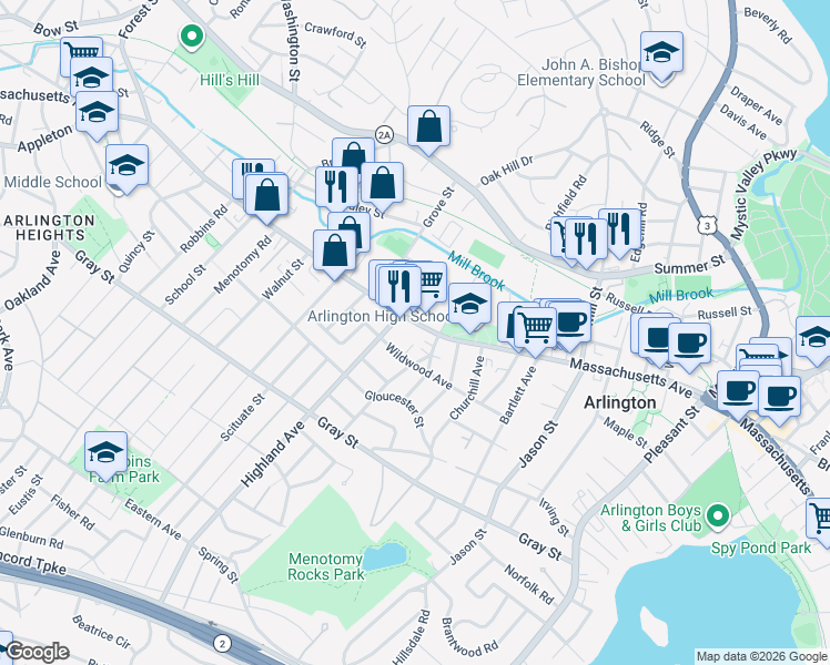 map of restaurants, bars, coffee shops, grocery stores, and more near 900 Massachusetts Avenue in Arlington