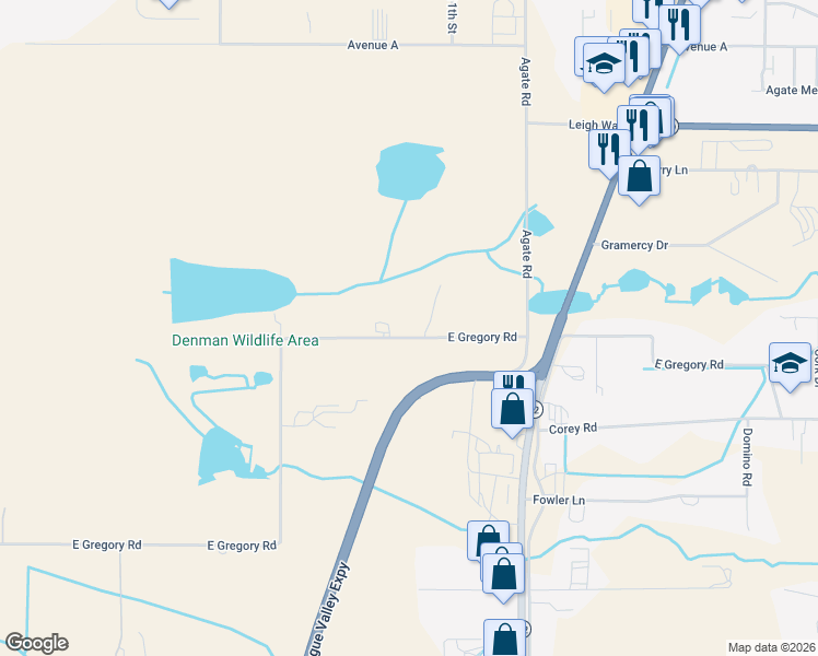 map of restaurants, bars, coffee shops, grocery stores, and more near 1729 East Gregory Road in Central Point