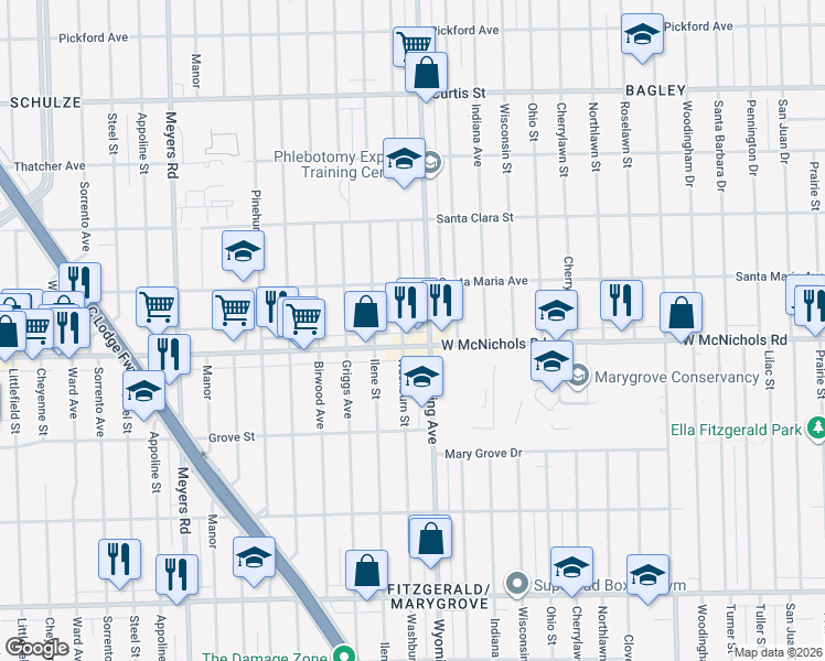 map of restaurants, bars, coffee shops, grocery stores, and more near 10100 West McNichols Road in Detroit