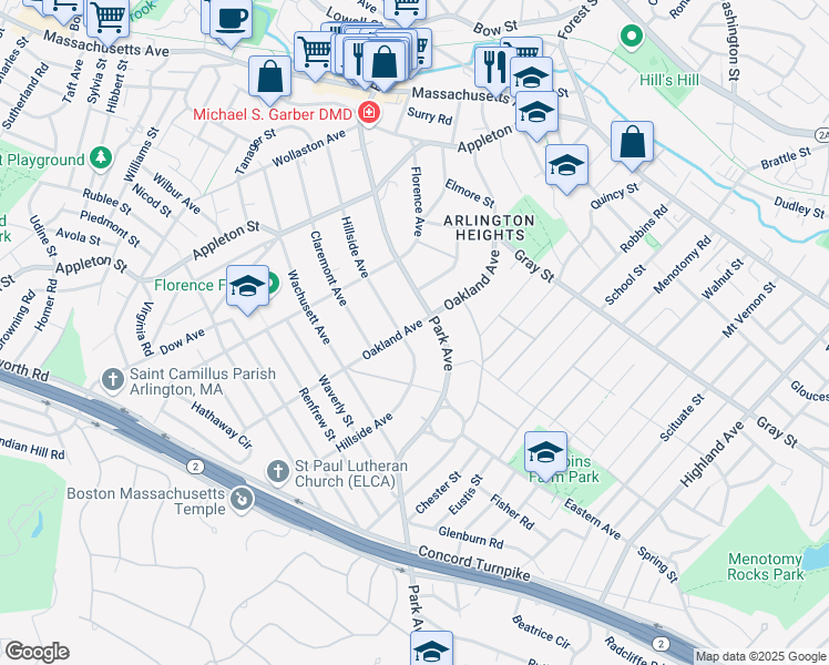 map of restaurants, bars, coffee shops, grocery stores, and more near 245 Park Avenue in Arlington