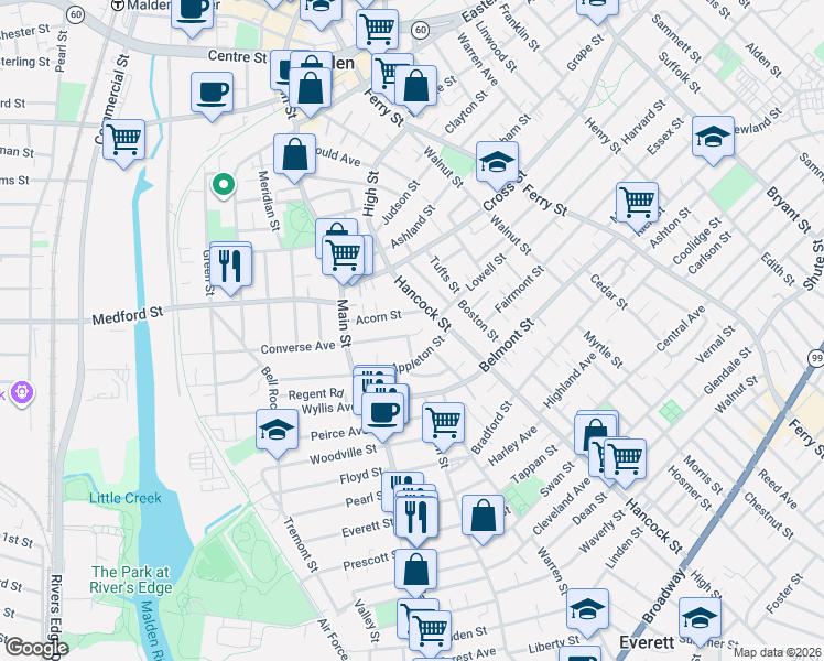 map of restaurants, bars, coffee shops, grocery stores, and more near 66 Appleton Street in Malden