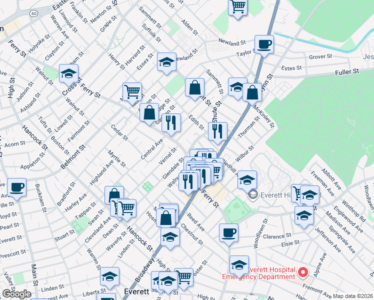 map of restaurants, bars, coffee shops, grocery stores, and more near 405 Ferry Street in Everett