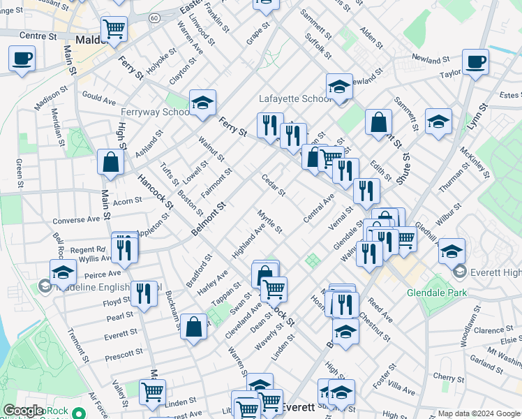 map of restaurants, bars, coffee shops, grocery stores, and more near 189 Bradford Street in Everett