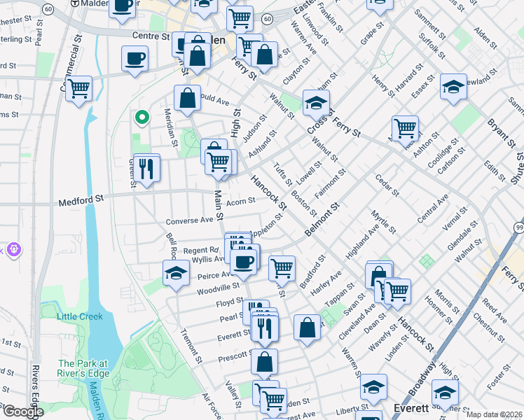 map of restaurants, bars, coffee shops, grocery stores, and more near 66 Appleton Street in Malden