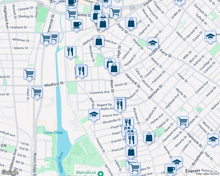 map of restaurants, bars, coffee shops, grocery stores, and more near 2 Converse Avenue in Malden