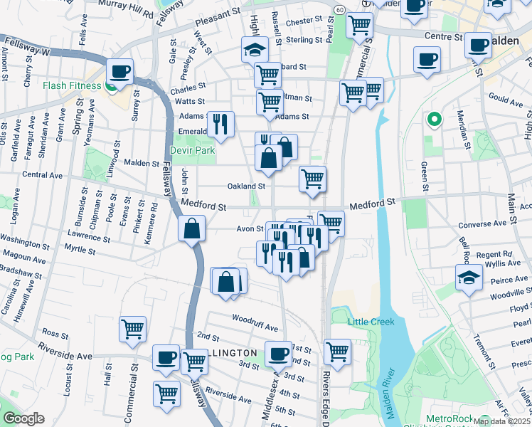 map of restaurants, bars, coffee shops, grocery stores, and more near 73 Avon Street in Malden