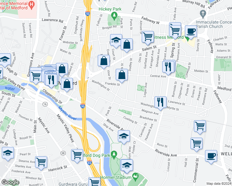 map of restaurants, bars, coffee shops, grocery stores, and more near 69 Washington Street in Medford