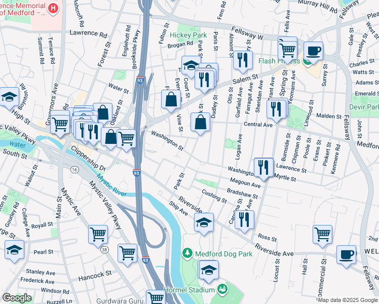 map of restaurants, bars, coffee shops, grocery stores, and more near 69 Washington Street in Medford
