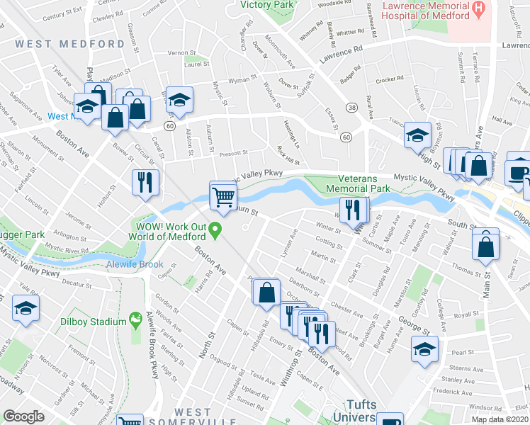 map of restaurants, bars, coffee shops, grocery stores, and more near 3 North Street in Medford