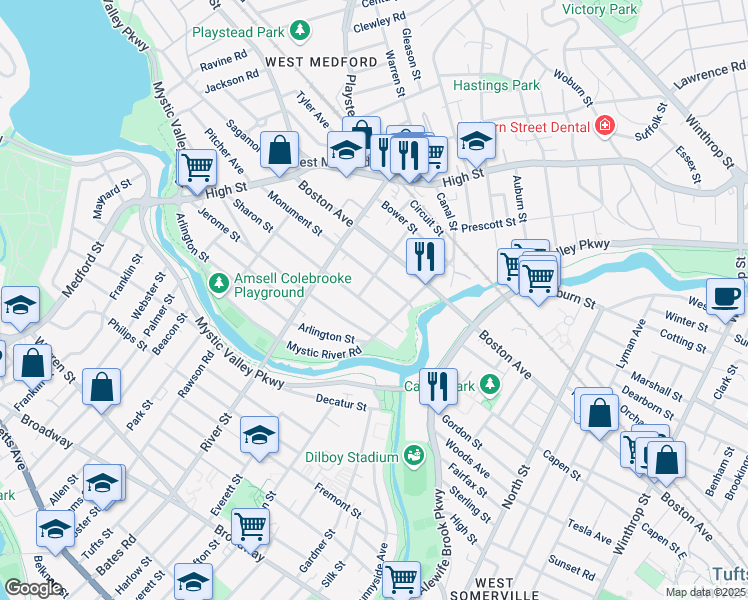 map of restaurants, bars, coffee shops, grocery stores, and more near 210 Arlington Street in Medford