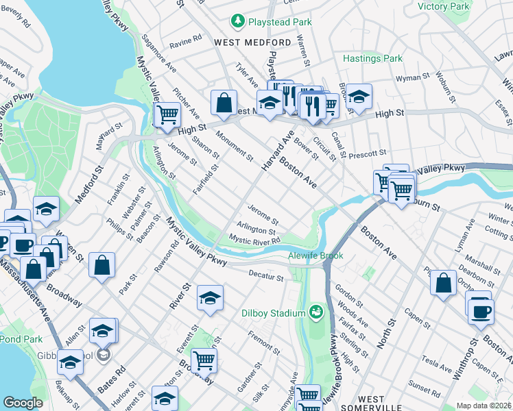 map of restaurants, bars, coffee shops, grocery stores, and more near 123 Jerome Street in Medford