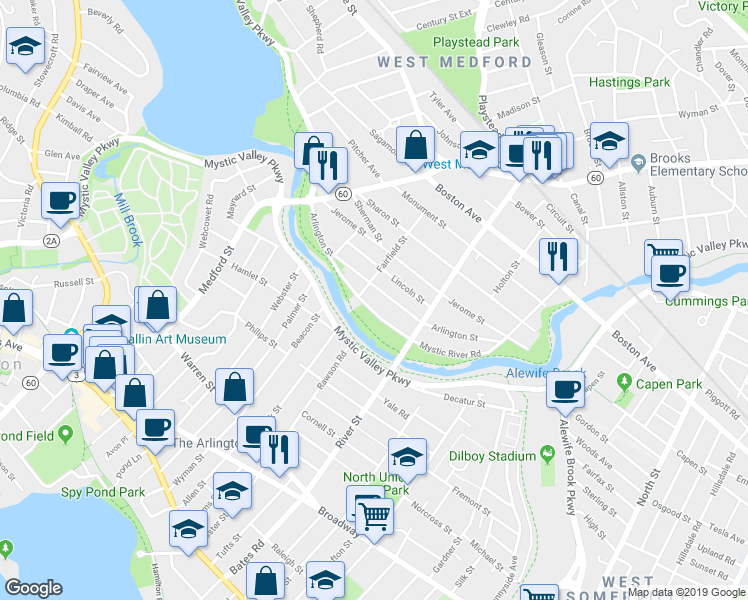 map of restaurants, bars, coffee shops, grocery stores, and more near 97 Arlington Street in Medford
