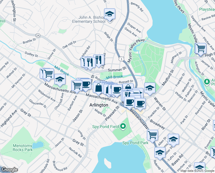 map of restaurants, bars, coffee shops, grocery stores, and more near 10 Court Street in Arlington