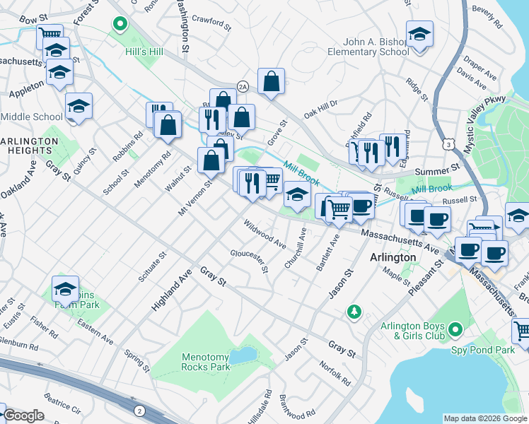 map of restaurants, bars, coffee shops, grocery stores, and more near 898 Massachusetts Avenue in Arlington
