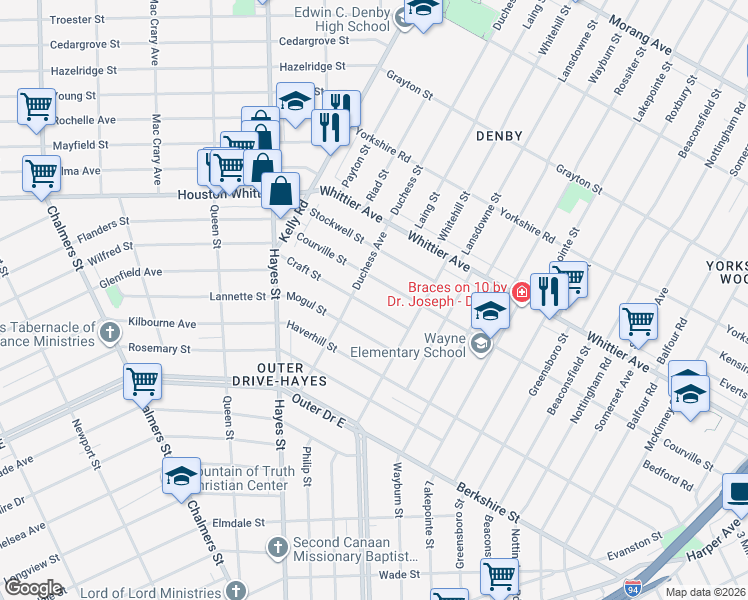 map of restaurants, bars, coffee shops, grocery stores, and more near 10981 Craft Street in Detroit
