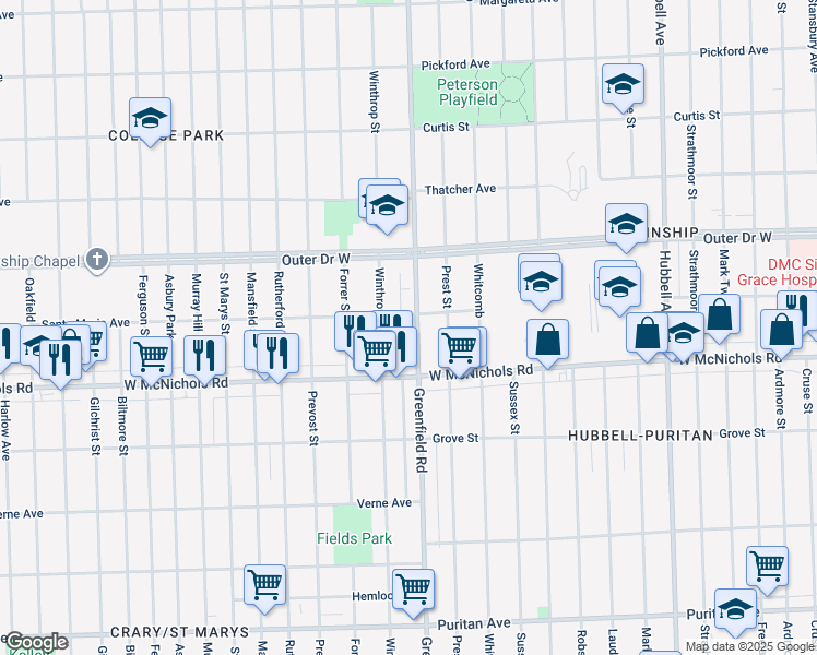 map of restaurants, bars, coffee shops, grocery stores, and more near 17160 Greenfield Road in Detroit