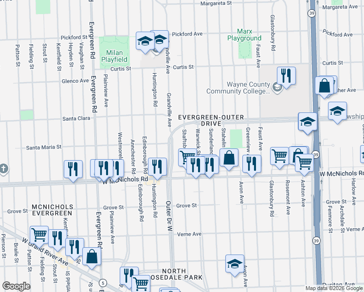 map of restaurants, bars, coffee shops, grocery stores, and more near 17211 Shaftsbury Avenue in Detroit