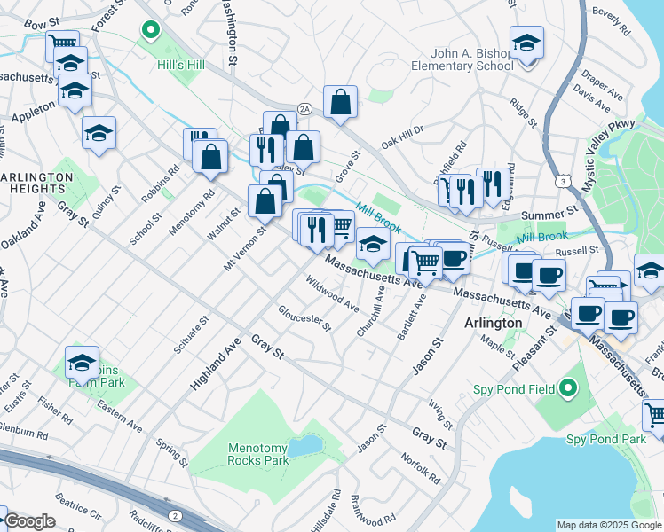 map of restaurants, bars, coffee shops, grocery stores, and more near 898 Massachusetts Avenue in Arlington