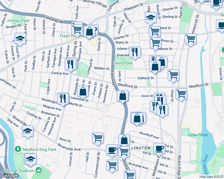 map of restaurants, bars, coffee shops, grocery stores, and more near 9 Amaranth Avenue in Medford