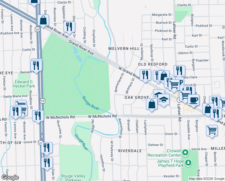 map of restaurants, bars, coffee shops, grocery stores, and more near 22635 Santa Maria Street in Detroit