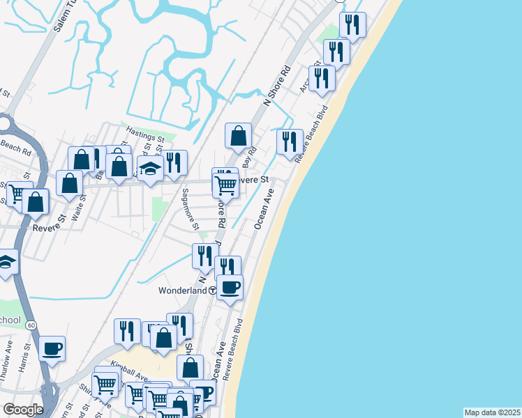 map of restaurants, bars, coffee shops, grocery stores, and more near 660 Ocean Avenue in Winthrop