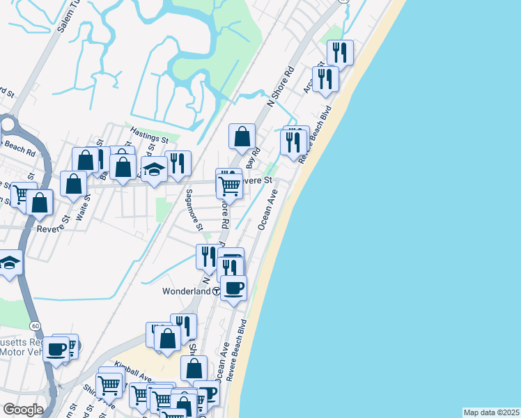 map of restaurants, bars, coffee shops, grocery stores, and more near 660 Ocean Avenue in Revere