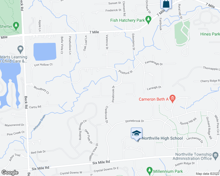 map of restaurants, bars, coffee shops, grocery stores, and more near 18157 Pinebrook Drive in Northville