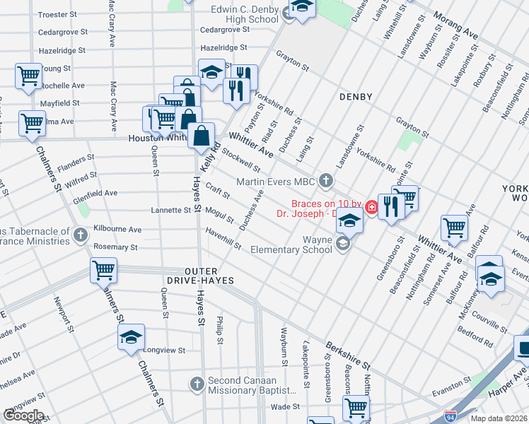 map of restaurants, bars, coffee shops, grocery stores, and more near 10981 Craft Street in Detroit