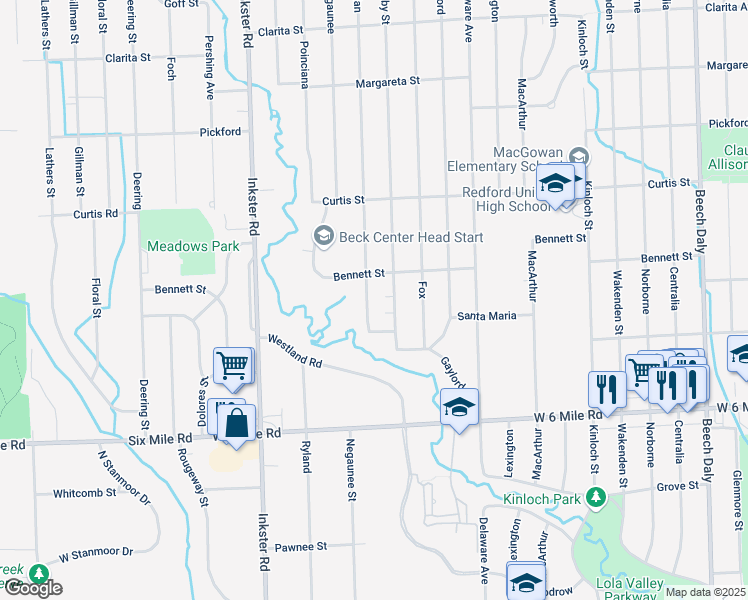 map of restaurants, bars, coffee shops, grocery stores, and more near 17414 Indian in Redford Charter Township